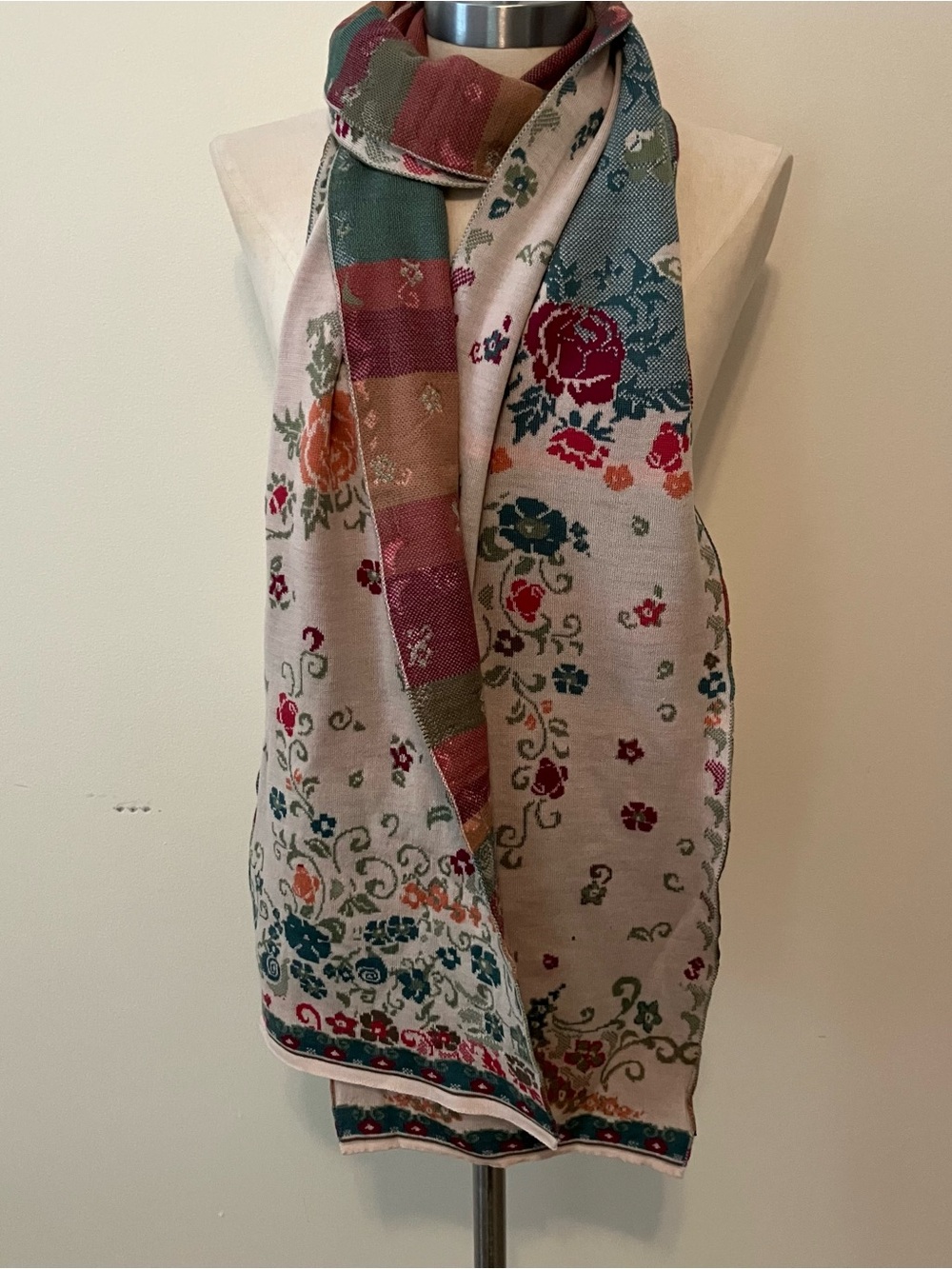 IVKO Women’s Floral Multicolor Merino Wool Scarf Feminine Cottagecore 10x 84in